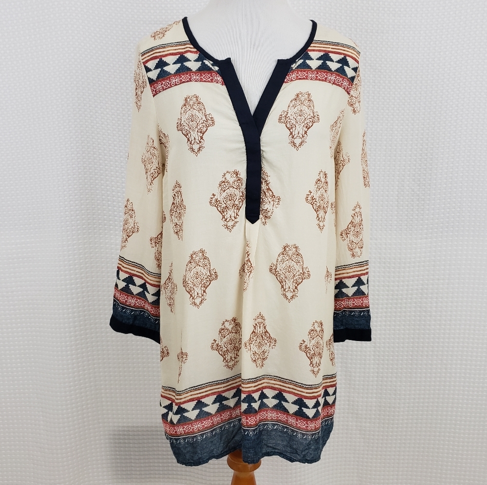 Lucky Brand Tunic Boho Tunic Top Cream Navy Indian Shirt size Small Lightweight